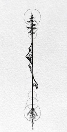 a drawing of a tall pole with trees growing out of it's top branches