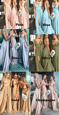 the different types of bridesmaid gowns in various colors and styles are shown