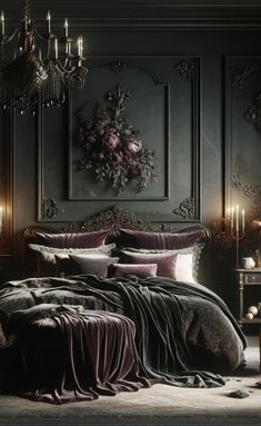 Jeweltone Bedrooms, Dark Feminine Bedroom Aesthetic, Dark Bedroom Aesthetic, Simple Bed Designs, Dark Victorian, Styl Shabby Chic, Bed Interior, Romantic Bedroom Decor