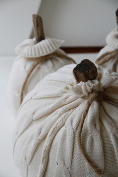 two white pumpkins are wrapped in twine