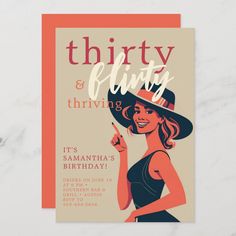 An elegant 30th birthday party invitation template for women with a vintage theme, featuring a poster style illustration of a beautiful woman wearing a hat, in a flirty pose, with the title "thirty, flirty & thriving", with a vintage orange pink, burgundy and navy color scheme. A fun 30th birthday invite for a woman on her thirtieth birthday. Navy Color Scheme, 30th Birthday Party Invitations, 60s Retro, 30th Birthday Invitations, Retro Party, Birthday Party Invitation Templates