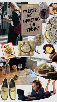 a collage of photos with people and food on them, including wine glasses, breads, cheese slices, an advertisement for no dancing on tables