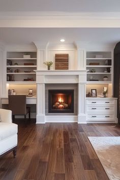 a living room filled with furniture and a fire place in the middle of it's fireplace