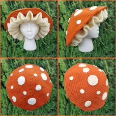 four pictures of different hats with white dots on them, one in orange and the other in white