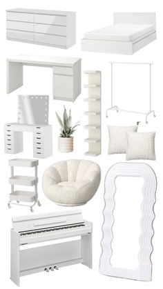 white furniture and accessories are arranged on a white background