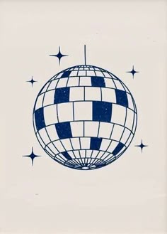 a blue and white drawing of a disco ball with stars on the side, in front of a light gray background