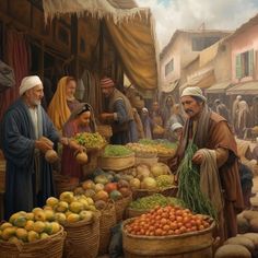 a painting of people shopping at an outdoor market with fruits and vegetables in baskets on the ground