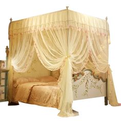 a canopy bed with sheer curtains on the top and bottom, sitting next to a dresser