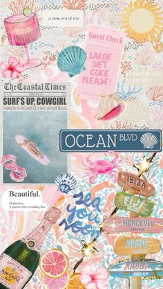 an ocean themed collage with pink, blue and yellow items on it's side