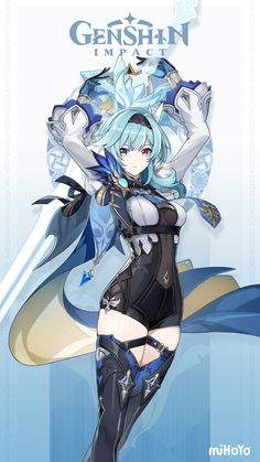 an anime character with blue hair and black clothes, holding her arms out in the air