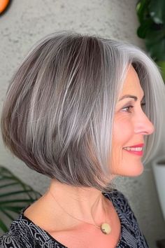 32 Elegant Hairstyles for Women Over 60 with Fine Hair - The Hairstyle Edit Silver Medium Length Hair, Slant Bob Hairstyles, Gray Bobs Aging Gracefully, Gray Hair Styles For Women Over 60 Grey, Grey Hair Bob Older Women, Gray Bob Hairstyles Over 50, Silver Bob Haircut, Short Grey Bob, Curly Short Haircuts