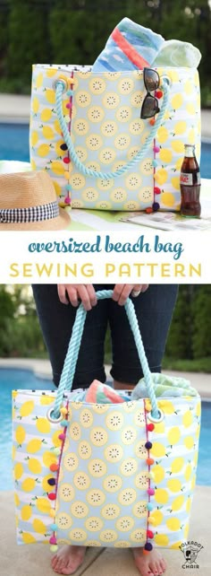 a woman holding a large bag with the words over sized beach bag sewing pattern on it