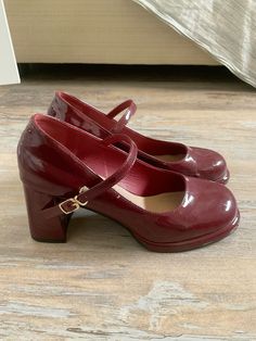 Cute Red Mary Janes, Red Heels Mary Janes, High Mary Janes, Maroon Mary Jane Shoes Outfit, Maroon Mary Janes, Dark Red Mary Janes, Cherry Red Mary Janes, Cherry Red Shoes, Cherry Red Heels