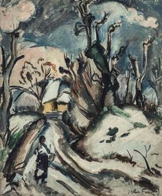 a painting of a man standing in the snow next to a house and trees with no leaves on it