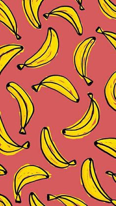 a bunch of bananas on a pink background with black outlines and yellow tips are in the foreground