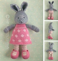 a knitted bunny doll with pink dress and boots