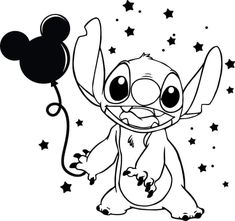 stitchy the elephant holding a balloon with stars on it's tail, in black and