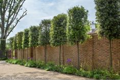 a brick fence is lined with trees and flowers