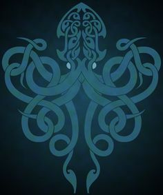 an intricate design on a black background with blue and green colors in the shape of octopus's head