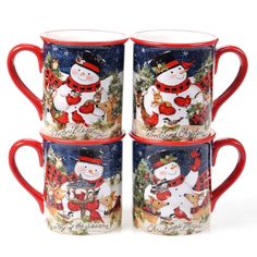 four christmas mugs with snowmen and dogs on them, all decorated in red