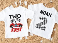 two t - shirts with cars and checkered flags on them are sitting on a rug