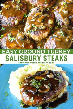 an easy ground turkey salisbury steaks recipe with mashed potatoes and gravy