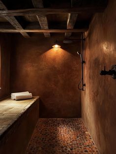 Terra Cotta Shower Design Ideas Terra Cotta Fireplace, Terra Cotta Bathroom, Exposed Brick Bathroom, Bathroom Theme Ideas, Terracotta Bathroom, Shower Design Ideas, Brick Bathroom, Bathroom Theme, Rough Hewn Wood