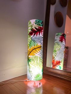 two lamps sitting on top of a hard wood floor next to a mirror and light fixture