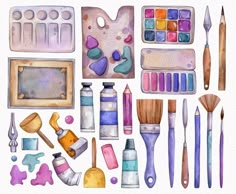 watercolor painting supplies are arranged on a white background, including paintbrushes and other items