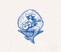 a drawing of a woman with a guitar sitting on top of a scallop