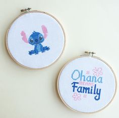 two cross stitch hoops with the words obama and family printed on them