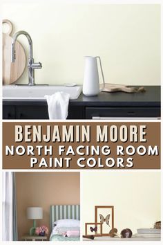 the words benjamin moore's north facing room paint colors are in brown and white