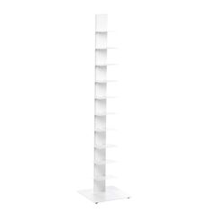 a tall white shelf with five shelves on each side