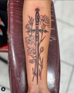 Women Dagger Tattoo, Saint Dymphna Tattoo, Dagger Tattoo Forearm, Forearm Dagger Tattoo, Dager Tattoos For Women, Dagger With Flowers Tattoo, Dagger Forearm Tattoo, Dagger Tattoo Women, Floral Dagger Tattoo