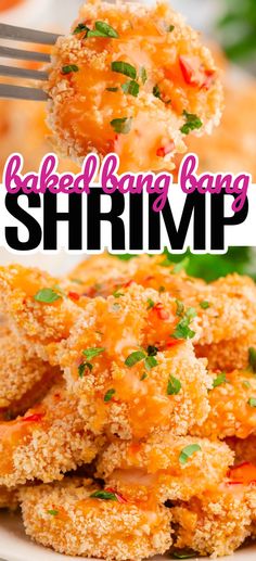 baked bang bang shrimp on a white plate with a fork and text overlay that reads baked bang bang shrimp