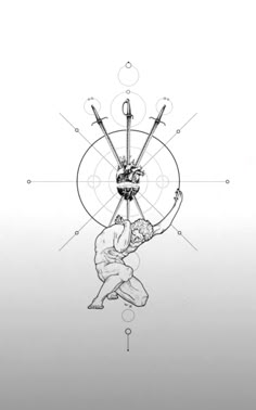 a drawing of a person holding two skis on their shoulders and standing in the air