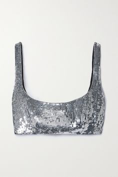 Valentino Garavani's bralette is made from silk-tulle that's complete with scores of glistening sequins. It's designed with a scooped neckline and lined for a comfortable fit. It'll make a striking impact styled with a low-rise skirt or can be used to add a more subtle touch of glamour when underpinning a blazer. Silver Bralette, Sequin Bra Top, Low Rise Skirt, Sparkly Outfits, Sequin Bra, Glam Party, Silk Tulle, Black Tweed, Dress Jewelry