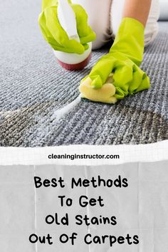 a woman cleaning the carpet with green gloves