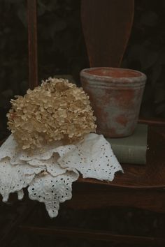 a white doily sitting on top of a wooden chair next to a potted plant