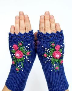 Knitted Fingerless Gloves, Bright Blue, Pink, Rose, Green, Roses, Gloves & Mittens, Gift Ideas, For Diy Goodie Bags, Gloves Free Pattern, Alana Blanchard, Bright Blue Background, Green Roses, Blue Gloves