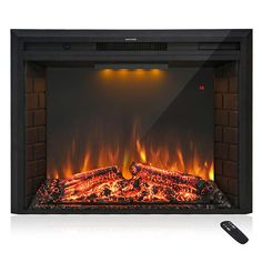 an electric fireplace with flames and remote control