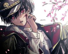 an anime character is holding his hand to his ear and looking at the camera, with cherry blossoms in the background