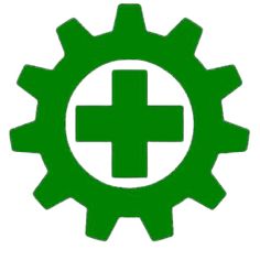 a green and white logo with a cross in the center on top of gear wheels