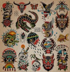 an assortment of tattoo designs on a piece of paper with watermarks and ink