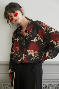 Bird Pattern Long Sleeve Shirt Mode Harajuku, Business Casual Look, Clothing Reference, Y2k Aesthetic Outfits, Mode Inspo, Weekend Outfit, Womens Long Sleeve Shirts, Women Shirts Blouse, 가을 패션