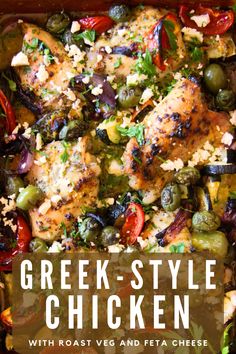 greek style chicken with roast veggies and feta cheese in a casserole dish