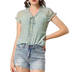 Floral Print Ruffle Short Sleeve Chiffon Top (S) Color Light Blue And Floral Size S It Has A Loose Fit That Falls To The Hip So You Can Easily Tuck It Into Skirts Or Jeans. 100% Polyester Floral Print V Neck Short Raglan Sleeve Ruffle Trim Partially Lined Tie Front Decor Mock Placket Regular Fit Chiffon Blouses Chest Girth 37 3/4 Inches Waist Girth 37 Total Length 25 3/8 C-38 Casual Chiffon Tops For Day Out, Casual Chiffon V-neck Top, Casual Fitted Chiffon Blouse, Fitted Casual Chiffon Top, Chiffon Short Sleeve Top For Beach, Casual Chiffon Blouse For Summer, Casual Floral Print Chiffon Tops, Casual Chiffon Tops With Floral Print, Spring Summer Chiffon Blouse