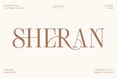 the word sheran is written in brown on a white background with an ornate font