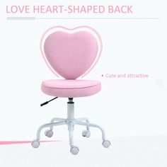 a pink chair with a heart shaped back on it's seat and wheels, in front of a white background