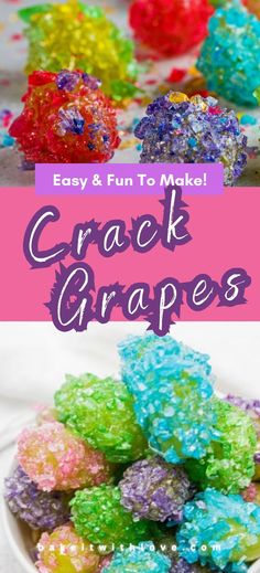 Crack Grapes (Jolly Rancher Candied Grapes) Candied Pineapple Slices Jolly Rancher, Hard Candy Grapes, Candy Grapes Recipes Jolly Rancher, Jolly Rancher Grapes, Rainbow Grapes, Cracked Grapes, Candy Pickles, Candy Syrup